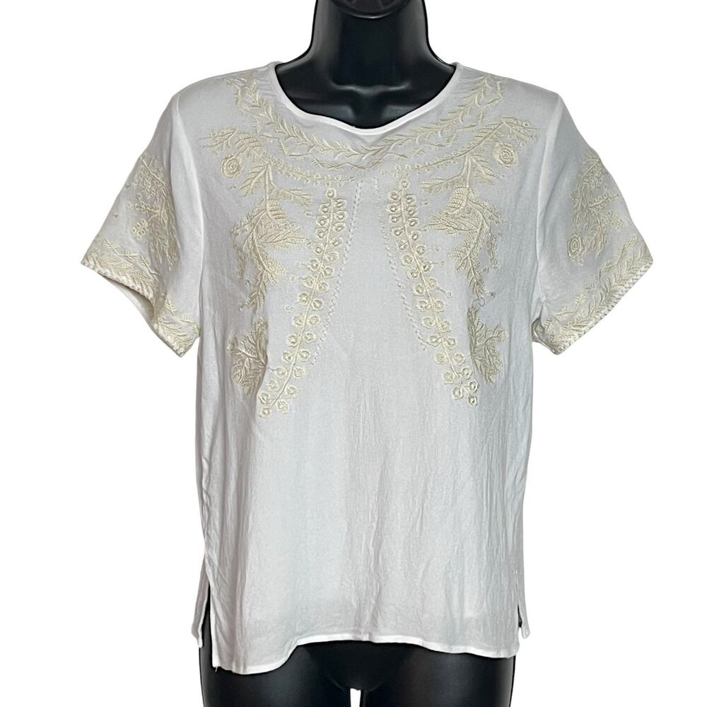 Hazel Anthropologie Peasant Top Cottagecore Boho Blouse White Cream Embroidery M